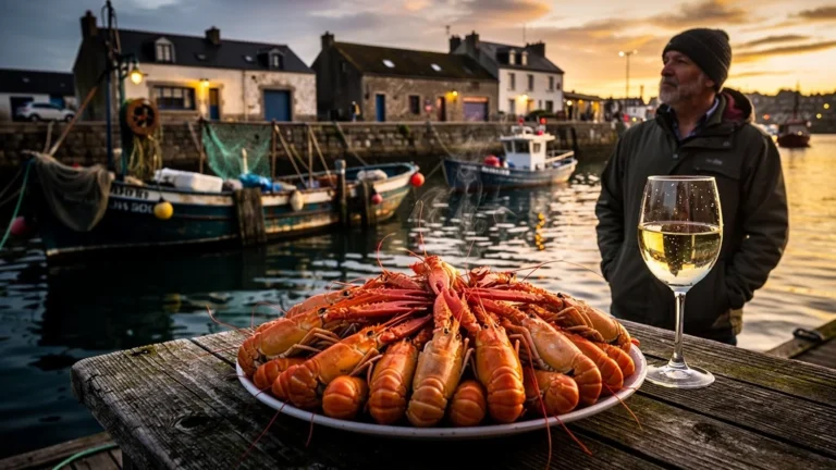 Soir au port d'Étel avec langoustines fraîches dégustées, ambiance maritime et lumière dorée