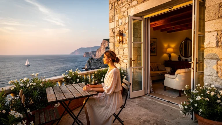 Terrasse d'hôtel de charme au lever du jour avec vue sur mer, révélant son charme au-delà de la thalasso