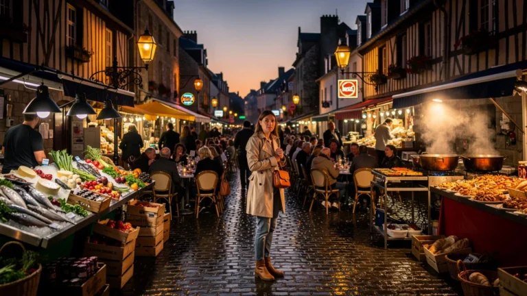 Scène réaliste du marché de Vannes en soirée sans réservation, ambiance animée et rues pavées éclairées