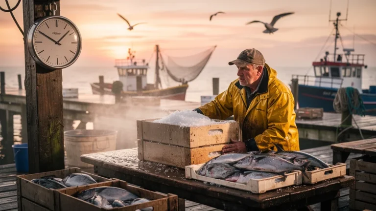 Marché de la criée au lever du jour avec pêcheurs pressés avant la fermeture imminente