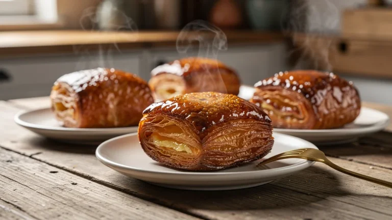 Quatre kouign-amann d'Auray et Vannes croustillants après réchauffage sur table en bois rustique