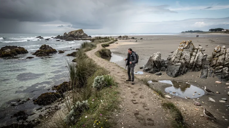 Sentier côtier de Rhuys à marée haute et basse avec un randonneur sur le chemin
