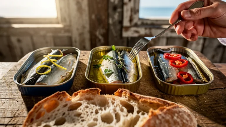Photo réaliste de trois conserves de sardines dégustées à l’aveugle sur un même pain rustique
