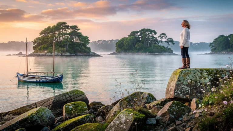 Paysage hyper-réaliste du golfe du Morbihan avec îles bretonnes, eaux turquoises et ambiance paisible au coucher du soleil