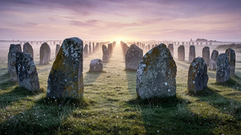 Aube à Carnac devant les alignements de menhirs, paysage mystique et historique au lever du soleil