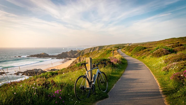 Paysage côtier hyper-réaliste de la voie du Tire-Bouchon entre Quiberon et Plouharnel à vélo