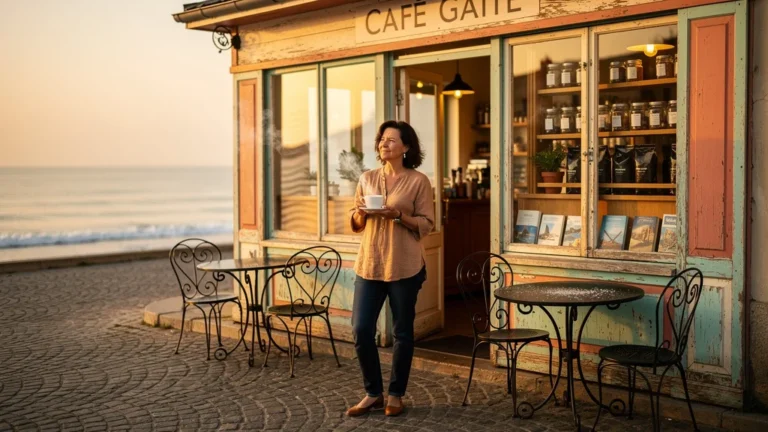 Café Gaité façade au lever du jour avec femme de 40 ans dégustant un café, ambiance côtière authentique