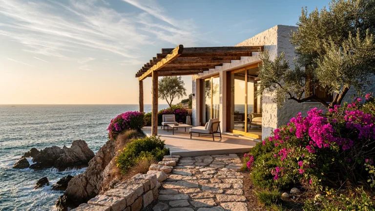 Vue hyper-réaliste de Casa Gaia, villa écologique en bord de mer méditerranéenne baignée de lumière dorée