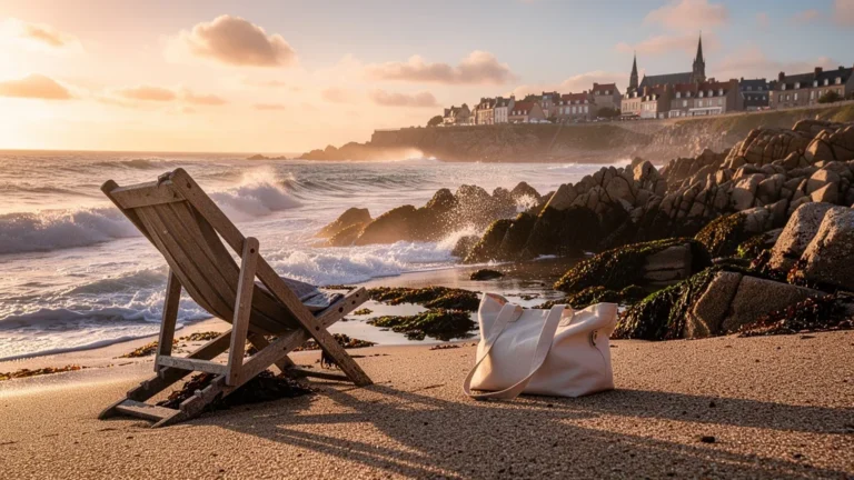 Côte rocheuse de Quiberon en août baignée de lumière dorée au coucher du soleil, ambiance estivale apaisante