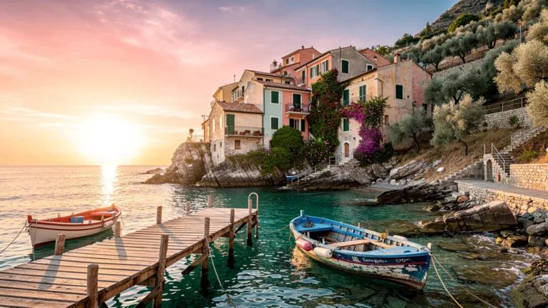 Vue réaliste d’Enza Famiglia, village côtier italien aux maisons pastel et mer turquoise en lumière dorée
