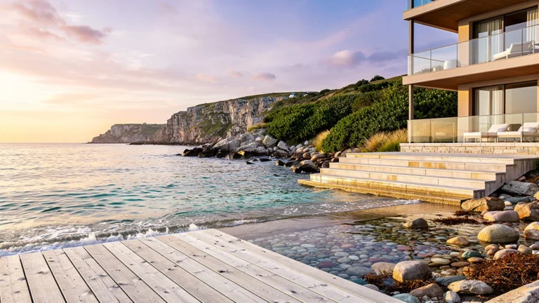 Vue hyperréaliste d’une terrasse d’hôtel à Quiberon bordant directement l’eau de mer calme au coucher du soleil