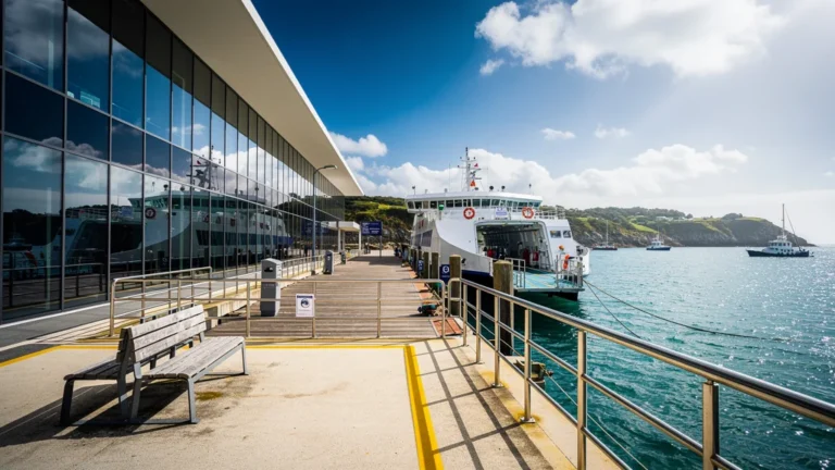 Vue hyperréaliste de la gare maritime de Quiberon après 3 mois d’exploitation, quai, ferry et mer turquoise