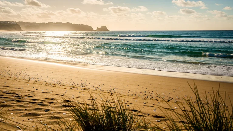 Grande plage de Quiberon au coucher du soleil avec sable fin et mer turquoise calme