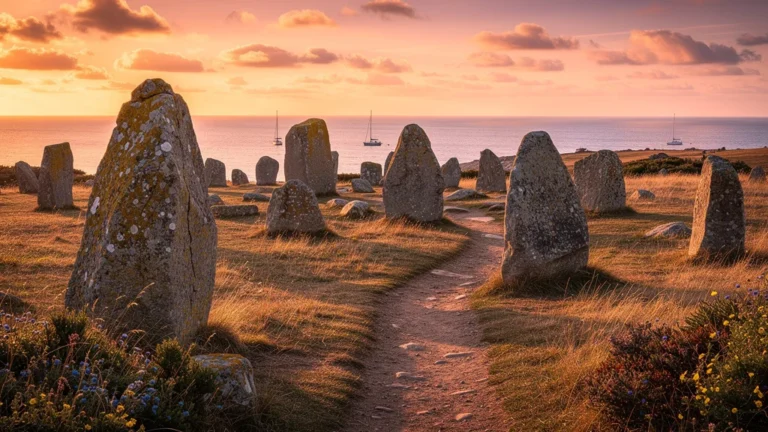 Paysage côtier hyper-réaliste des alignements de Carnac avec sentier historique au coucher du soleil