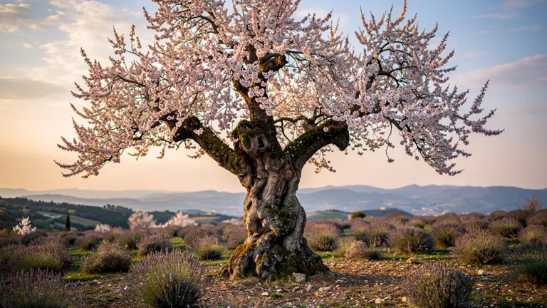 Photographie hyper-réaliste de l'amandier de Mougins en fleurs dans un paysage provençal au printemps