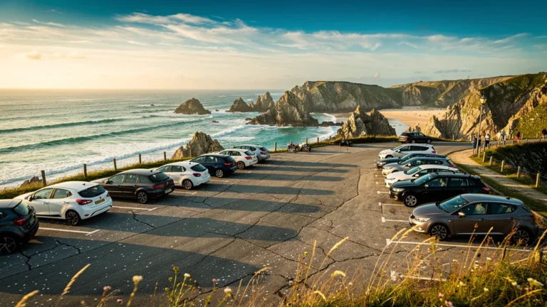 Vue photoréaliste de l'été à la pointe du Conguel avec parking coûteux et paysage côtier breton