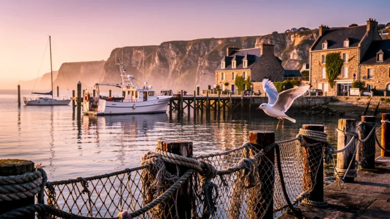 Vue hyper-réaliste de la base Quiberon avec marina, bateaux, falaises et lumière dorée matinale