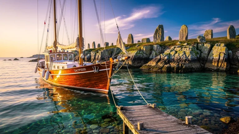 Photographie ultra-réaliste de La Calypso Carnac amarrée sur la côte bretonne au lever du soleil
