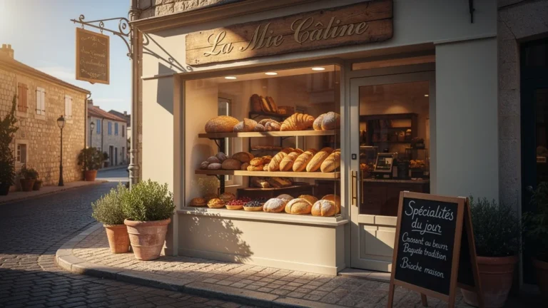 Façade détaillée d'une boulangerie La Mie Câline sous lumière dorée, pains frais en vitrine, ambiance authentique et chaleureuse