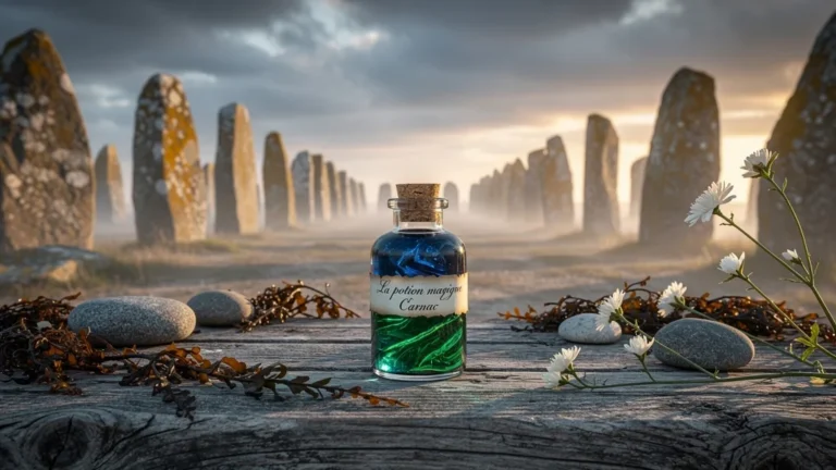 Vial contenant la potion magique Carnac sur une table en bois au bord de la côte bretonne avec menhirs en arrière-plan
