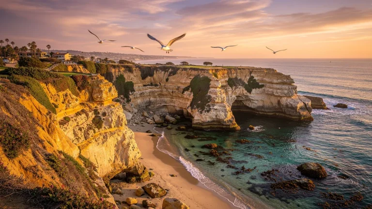Paysage côtier hyperréaliste de La Jolla avec falaises, océan turquoise et lumière dorée au coucher du soleil