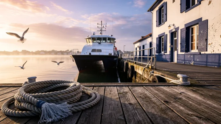 Matin à la gare maritime de Quiberon illuminant le quai avant le départ pour Belle-Île