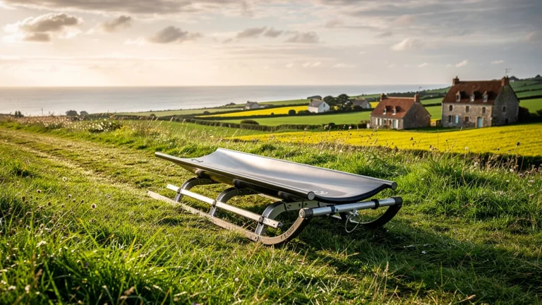 Luge moderne posée sur une colline verdoyante en Normandie, lumière douce et ambiance naturelle