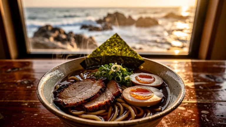 Bol hyper réaliste d’Oni ramen au bord de la mer, ambiance chaleureuse et détails ultra précis
