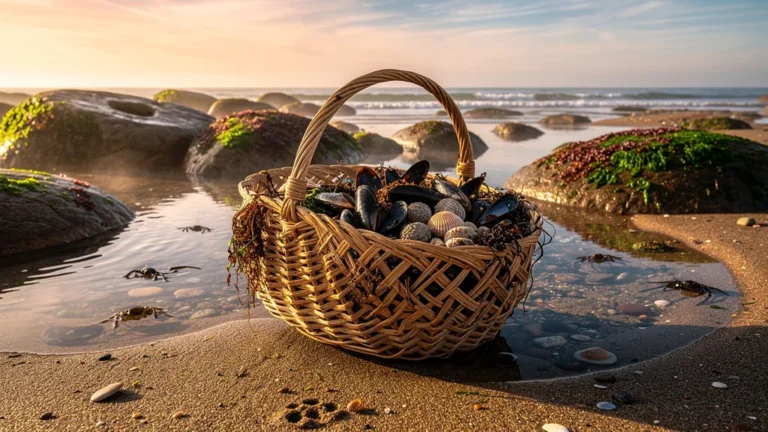 Panier pour la pêche à pied en osier sur le sable humide avec coquillages frais au bord de la mer