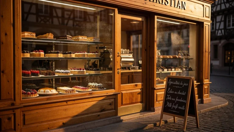 Façade élégante de la patisserie Christian Strasbourg avec vitrines lumineuses et pâtisseries fines en gros plan