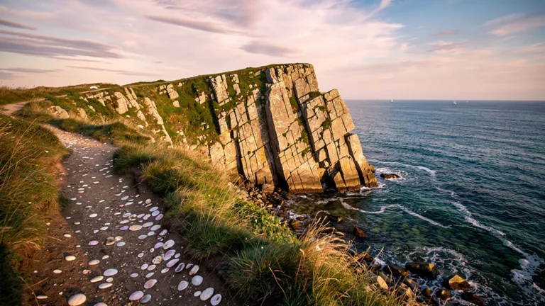 Paysage côtier hyper-réaliste de Quiberon St Pierre avec falaises, sentier et océan au lever du soleil