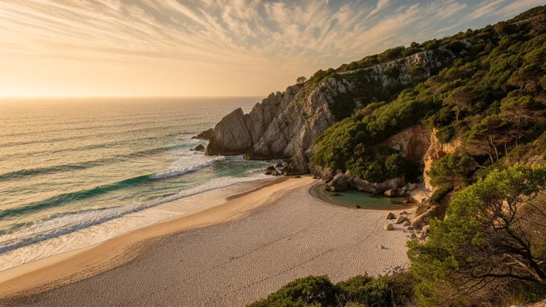 Vue réaliste en 8K de la grande plage et criques cachées de la presqu'île au coucher du soleil