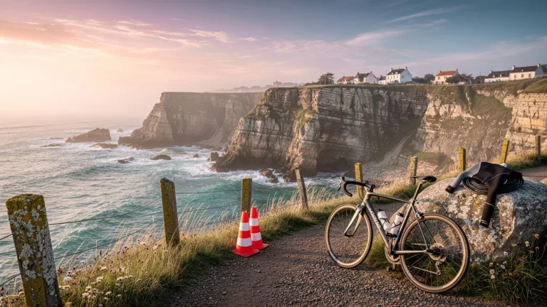 Paysage côtier hyper-réaliste de Quiberon avant le triathlon 2025 au lever du soleil