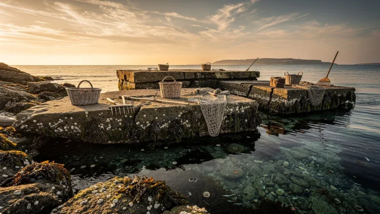 Vue hyperréaliste de trois spots de pêche à pied sur la presqu'île au coucher du soleil