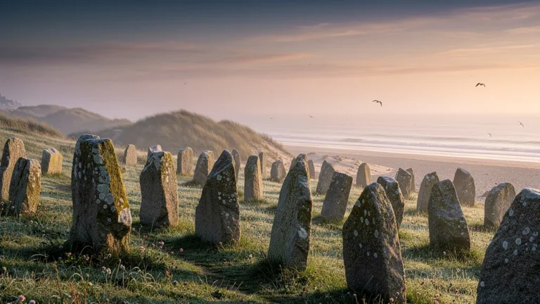 Vue de la côte de Carnac avec les alignements de menhirs au lever du soleil, paysage naturel et historique
